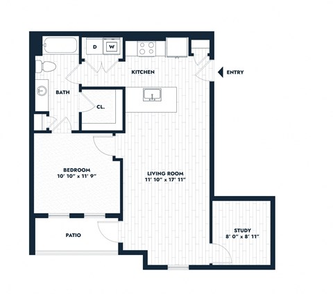 Floor plan for 1 bed, 1 bath, 790 sqft